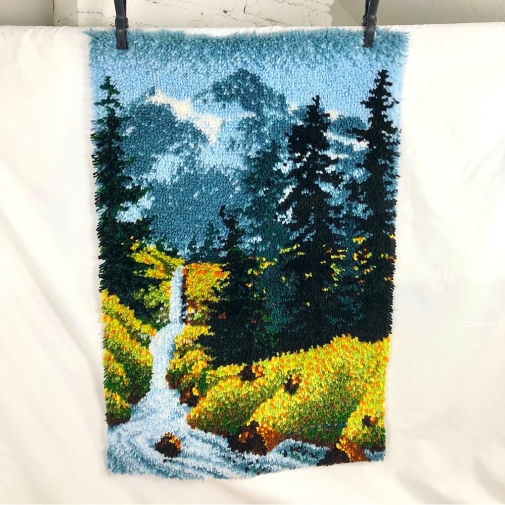Vintage Mountain Waterfall Latch Hook Rug Completed